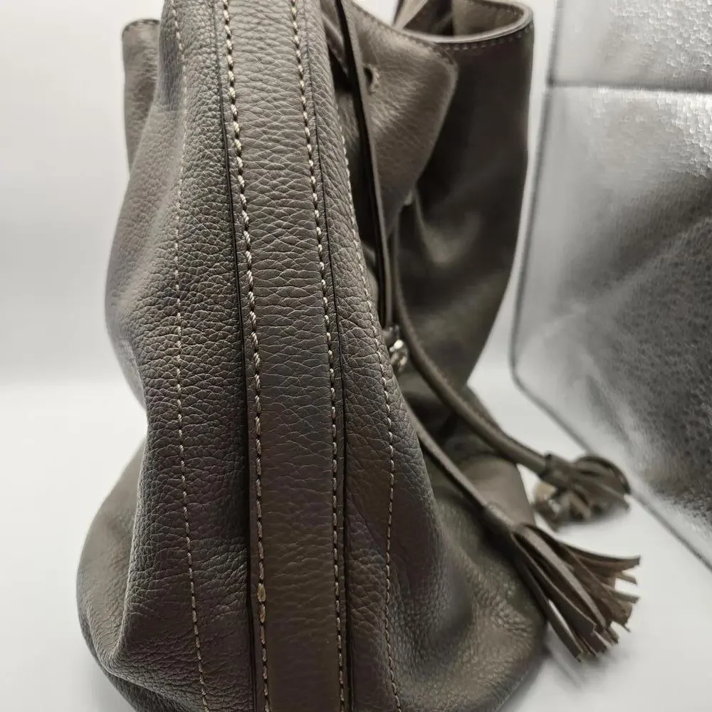 Brighton Gray Pebbled Leather Drawstring Bucket Purse with Shoulder Strap - Picture 4 of 16